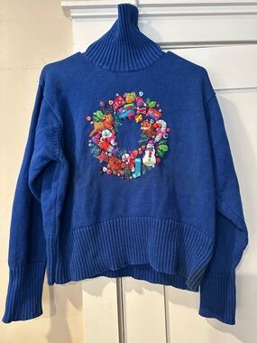 Marisa Christina Royal Blue Embroidered Turtleneck Sweater